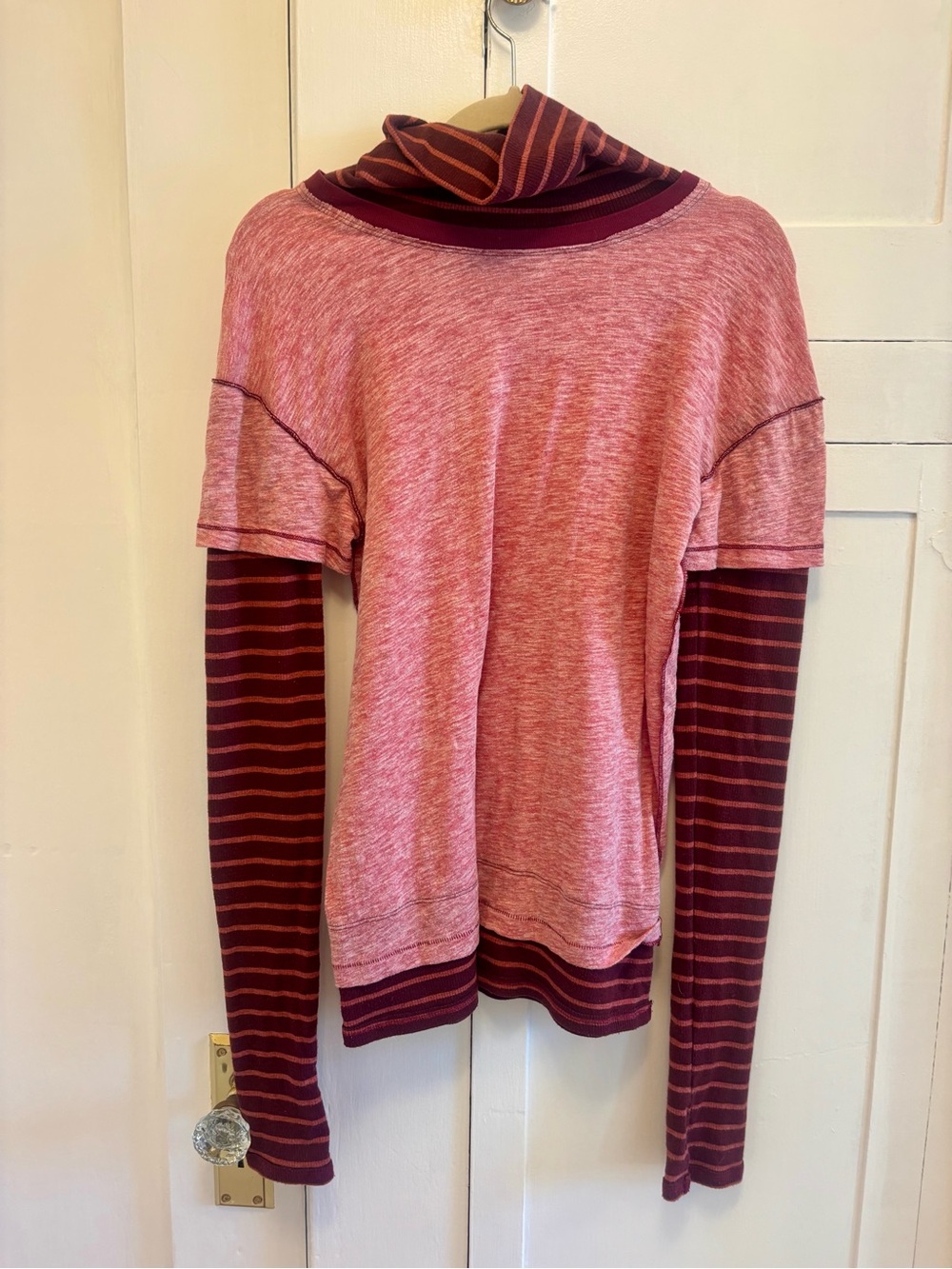 We The Free Layered-Look Cowl Neck Sweater in Pink & Burgundy